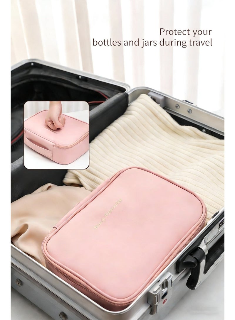 Multi-Layer Large Capacity Detachable Makeup Bag, Waterproof Portable Travel Storage Bag with Brush Storage,PU Leather Cosmetic Bag with Zipper,  Large Capacity Handheld Travel Cosmetic Bag with Compartments for Girls and Women (Pink) - Image 4